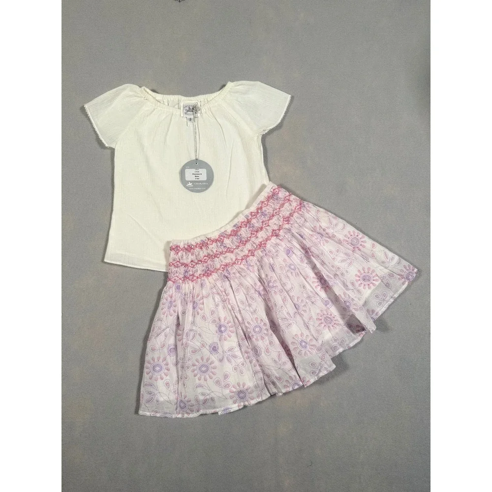 Charabia Paris Girls White Blouse and Floral Skirt Set Size 2 Made In France NEW